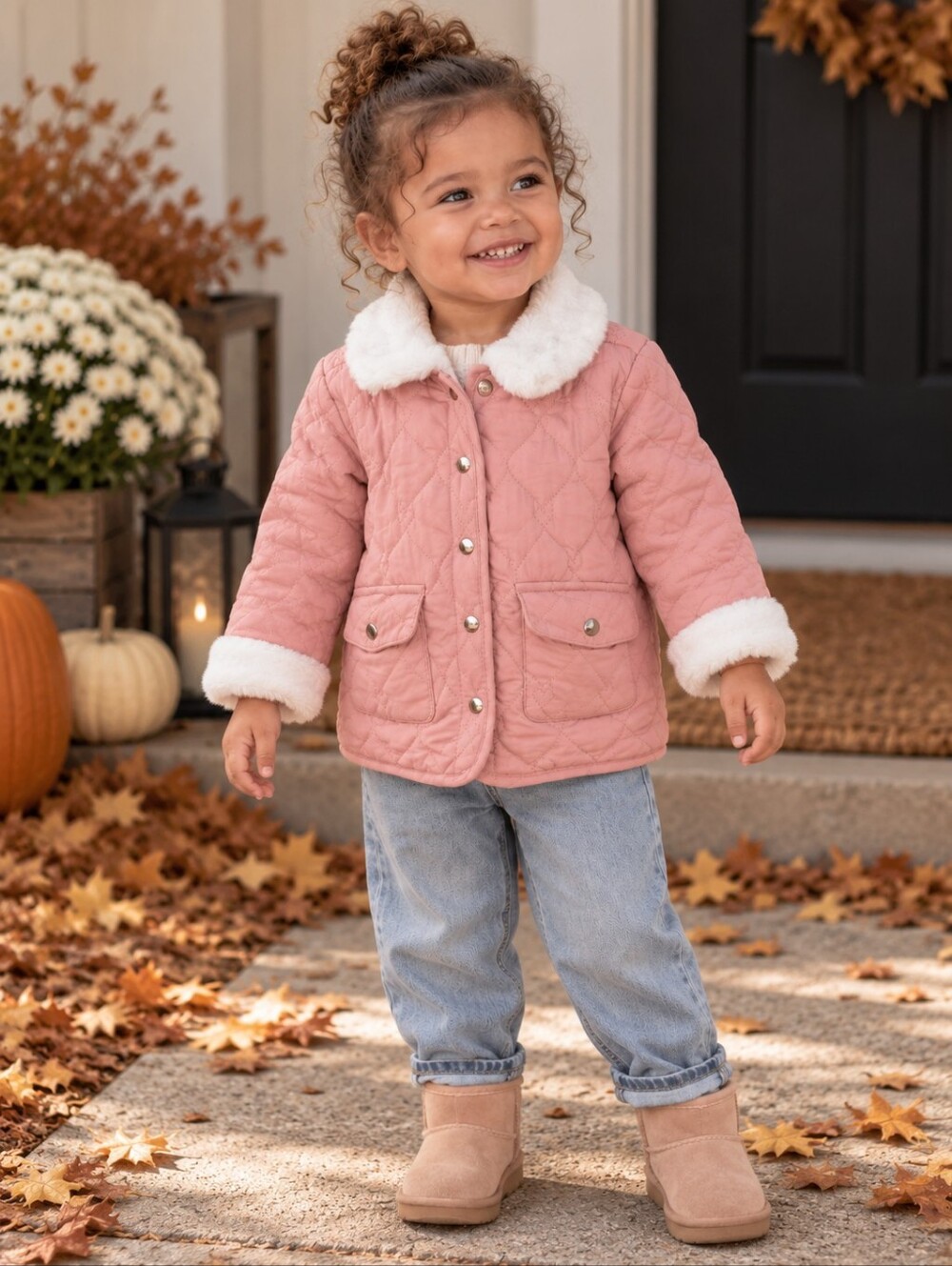 Aspen Baby Girls Pink Quilted Worker Jacket 24M Faux Fur Collar Cottagecore